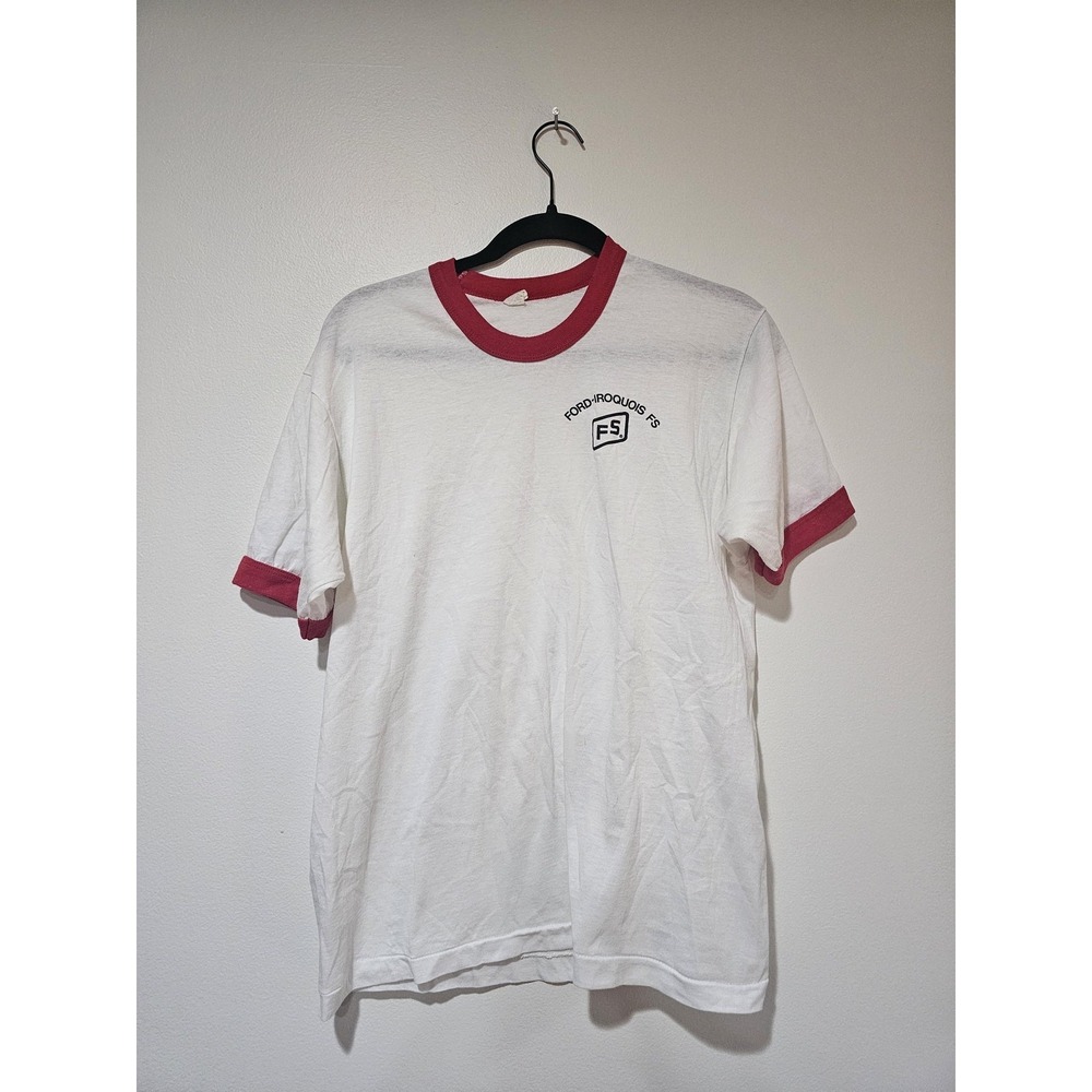 Vintage Ford Iroquois FS Shirt‎ Mens Large White Ringer Graphic Tee Farm Co-Op